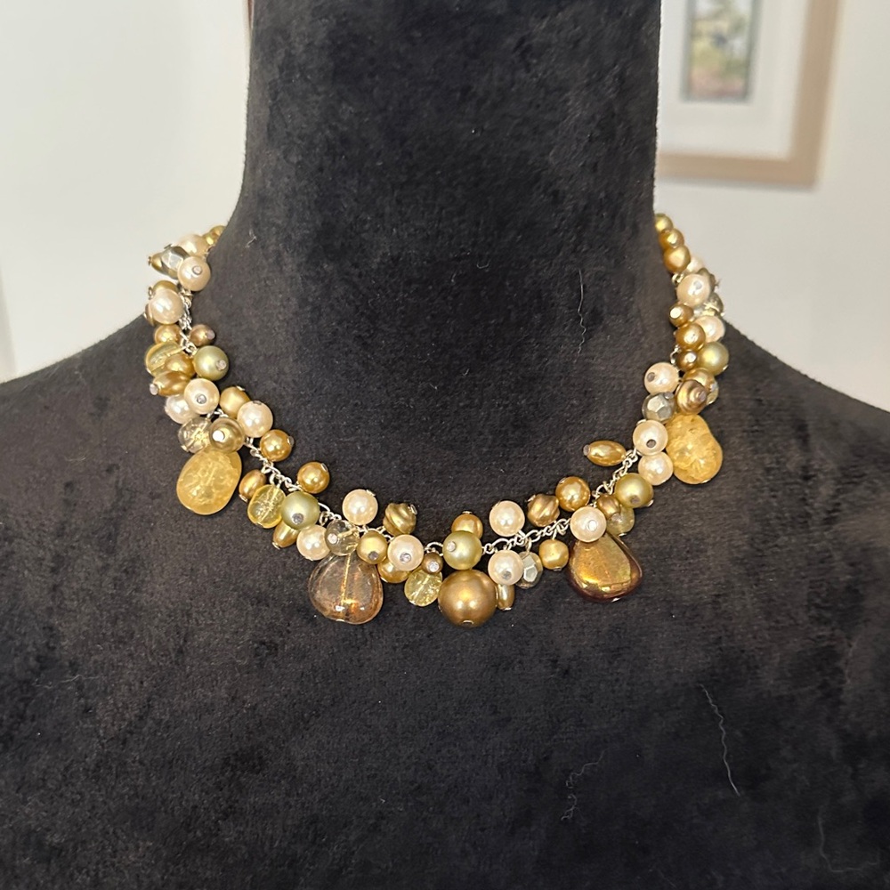 Talbots Gold and Pearl Cluster Necklace